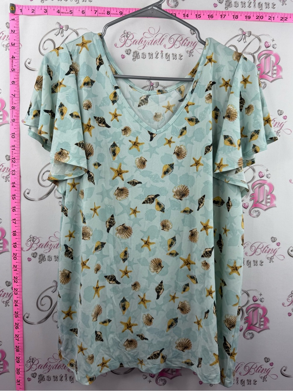 T-shirt ocean theme Sea Shell 🐚 Print Flutter Sleeve V-Neck Top - Light Aqua